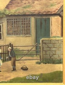 Original Oil Painting Antique Landscape Garden, House Boy & Girl Meeting, Framed