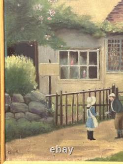 Original Oil Painting Antique Landscape Garden, House Boy & Girl Meeting, Framed