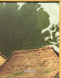 Original Oil Painting Antique Landscape Garden, House Boy & Girl Meeting, Framed