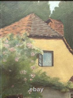 Original Oil Painting Antique Landscape Garden, House Boy & Girl Meeting, Framed