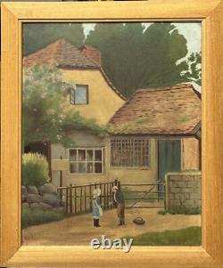 Original Oil Painting Antique Landscape Garden, House Boy & Girl Meeting, Framed