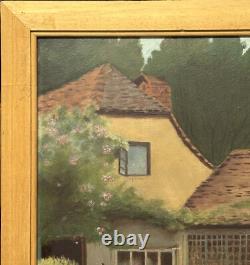 Original Oil Painting Antique Landscape Garden, House Boy & Girl Meeting, Framed