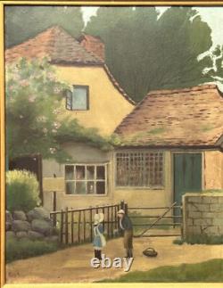 Original Oil Painting Antique Landscape Garden, House Boy & Girl Meeting, Framed