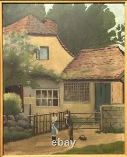 Original Oil Painting Antique Landscape Garden, House Boy & Girl Meeting, Framed