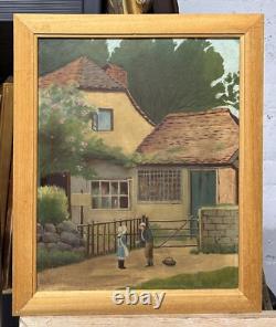 Original Oil Painting Antique Landscape Garden, House Boy & Girl Meeting, Framed