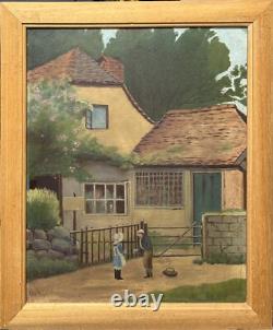 Original Oil Painting Antique Landscape Garden, House Boy & Girl Meeting, Framed