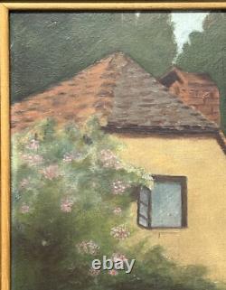 Original Oil Painting Antique Landscape Garden, House Boy & Girl Meeting, Framed