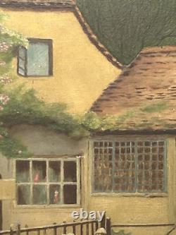Original Oil Painting Antique Landscape Garden, House Boy & Girl Meeting, Framed