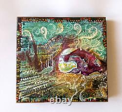 Original miniature painting in oil on wood signed marine landscape & oyster shell