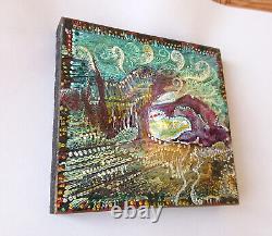 Original miniature painting in oil on wood signed marine landscape & oyster shell