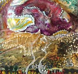 Original miniature painting in oil on wood signed marine landscape & oyster shell