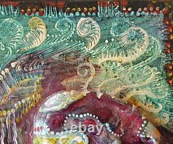 Original miniature painting in oil on wood signed marine landscape & oyster shell