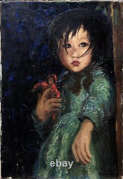 Original vintage oil canvas painting, portrait of a young girl with a doll.