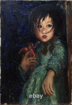 Original vintage oil canvas painting, portrait of a young girl with a doll.