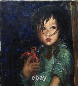 Original vintage oil canvas painting, portrait of a young girl with a doll.