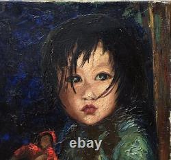 Original vintage oil canvas painting, portrait of a young girl with a doll.