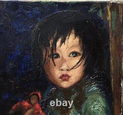 Original vintage oil canvas painting, portrait of a young girl with a doll.