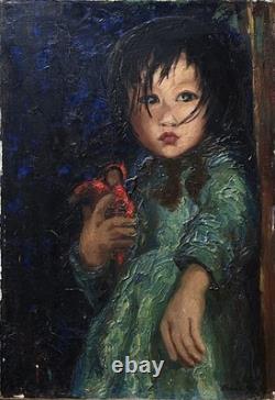Original vintage oil canvas painting, portrait of a young girl with a doll.
