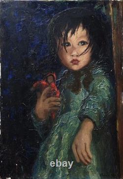 Original vintage oil canvas painting, portrait of a young girl with a doll.