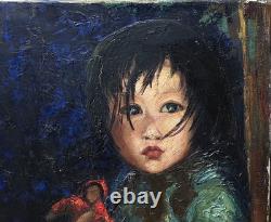 Original vintage oil canvas painting, portrait of a young girl with a doll.