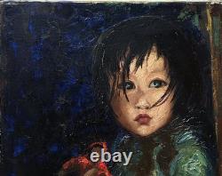 Original vintage oil canvas painting, portrait of a young girl with a doll.