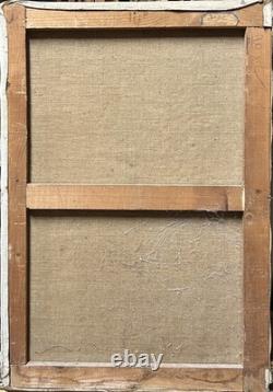 Original vintage oil canvas painting, portrait of a young girl with a doll.