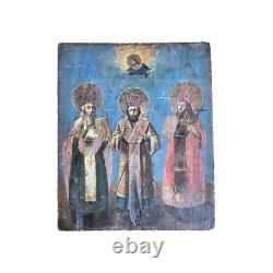 Orthodox Icon 3 Saints Blue Background on Fine Wood Late 19th Century 29.5 cm