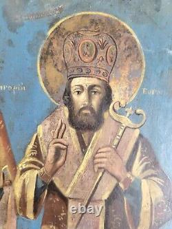 Orthodox Icon 3 Saints Blue Background on Fine Wood Late 19th Century 29.5 cm