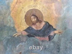 Orthodox Icon 3 Saints Blue Background on Fine Wood Late 19th Century 29.5 cm