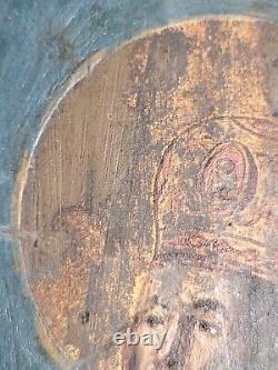 Orthodox Icon 3 Saints Blue Background on Fine Wood Late 19th Century 29.5 cm