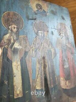 Orthodox Icon 3 Saints Blue Background on Fine Wood Late 19th Century 29.5 cm