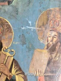 Orthodox Icon 3 Saints Blue Background on Fine Wood Late 19th Century 29.5 cm
