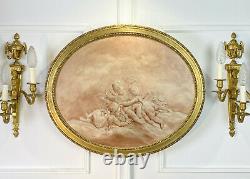 Oval Painting / Marouflé Painting On Wood A Decor De Putti With Golden Frame