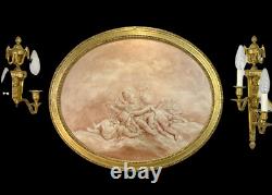 Oval Painting / Marouflé Painting On Wood A Decor De Putti With Golden Frame