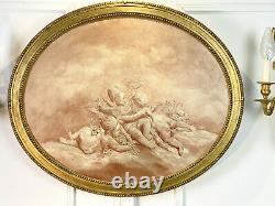 Oval Painting / Marouflé Painting On Wood A Decor De Putti With Golden Frame