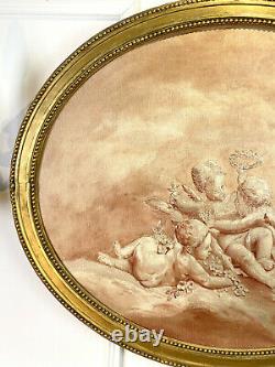 Oval Painting / Marouflé Painting On Wood A Decor De Putti With Golden Frame