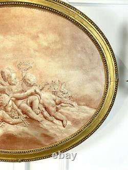 Oval Painting / Marouflé Painting On Wood A Decor De Putti With Golden Frame
