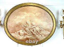 Oval Painting / Marouflé Painting On Wood A Decor De Putti With Golden Frame