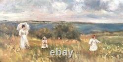 Oval Painting Oil Landscape Impressionist Woman Ombrelle Child Sea Fleury XX
