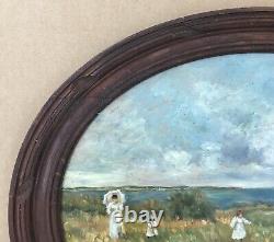 Oval Painting Oil Landscape Impressionist Woman Ombrelle Child Sea Fleury XX