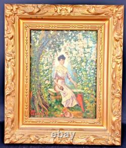 PAINTING 50x43cm WOMAN WITH UMBRELLA IN THE SHADE OF TREES OIL ON WOOD 1900 hst