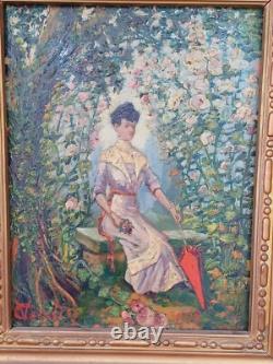 PAINTING 50x43cm WOMAN WITH UMBRELLA IN THE SHADE OF TREES OIL ON WOOD 1900 hst