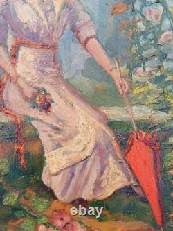 PAINTING 50x43cm WOMAN WITH UMBRELLA IN THE SHADE OF TREES OIL ON WOOD 1900 hst