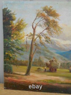 PAINTING HARVESTING HAY EARLY 1900s ON WOOD by ADRIEN SIMONETON