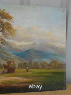 PAINTING HARVESTING HAY EARLY 1900s ON WOOD by ADRIEN SIMONETON