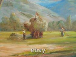 PAINTING HARVESTING HAY EARLY 1900s ON WOOD by ADRIEN SIMONETON