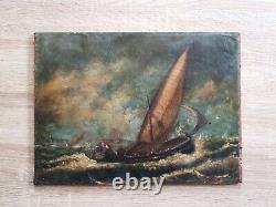 PAINTING HST MOUNTED ON WOOD PANEL MARINE RACE SAILBOAT REGATTA 19th
