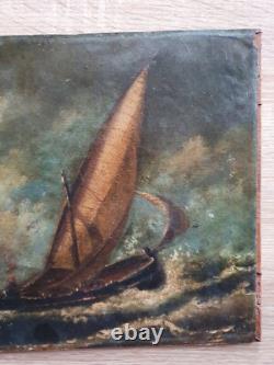PAINTING HST MOUNTED ON WOOD PANEL MARINE RACE SAILBOAT REGATTA 19th