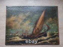 PAINTING HST MOUNTED ON WOOD PANEL MARINE RACE SAILBOAT REGATTA 19th