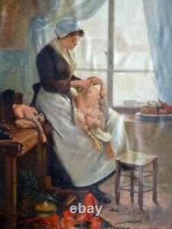 PAINTING XXth CENTURY, AROUND 1910 - PEASANT WOMAN IN THE KITCHEN - SIGNED GILBERT (VICTOR GABRIEL)